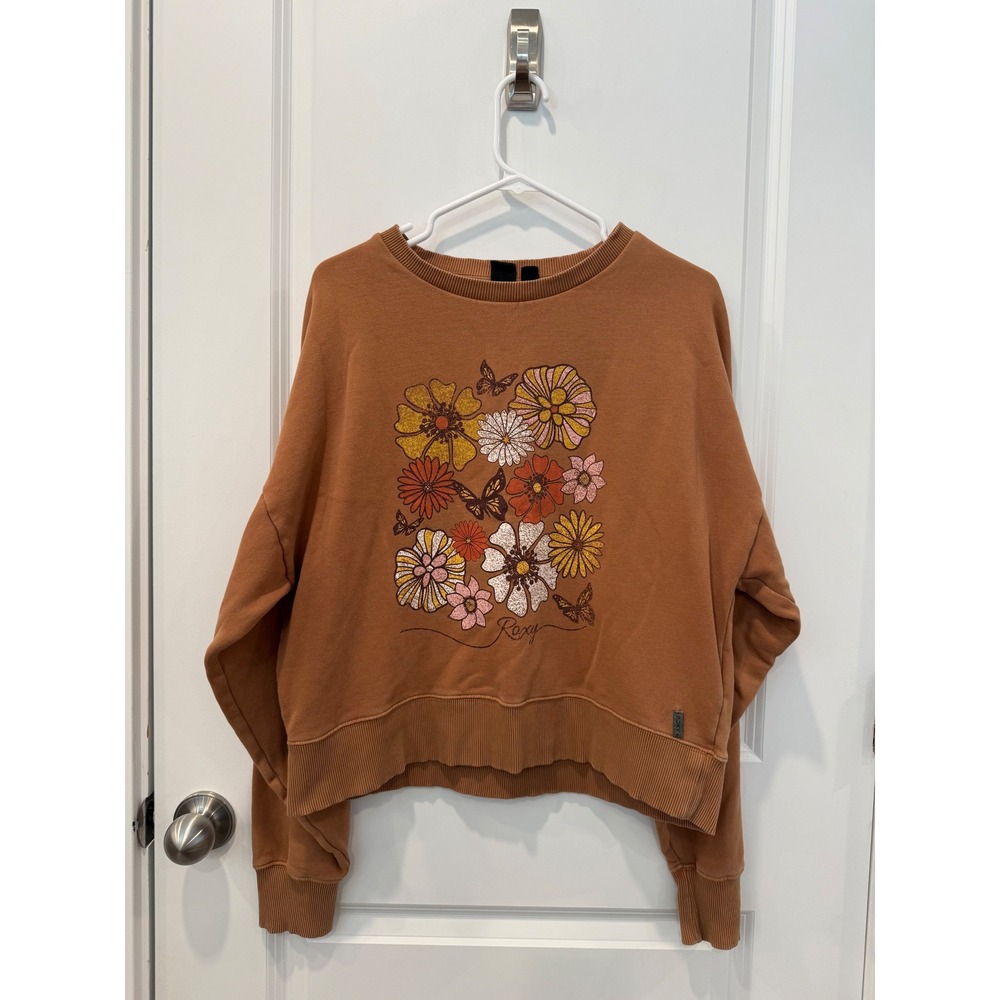 Roxy Womens Brown Floral Butterfly Graphic Crewneck Sweatshirt Small Retro Crop - Picture 2 of 7